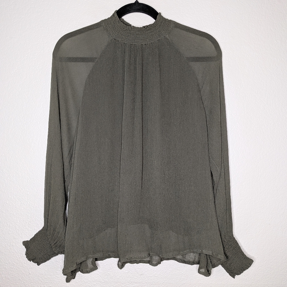 Grade & Gather Womens Olive Green Fairycore Poet Sleeve Plisse Fabric Top S
